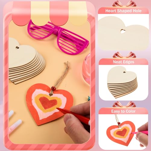 AWIZOM 72 Pcs Unfinished Heart Wood Slices Cutouts with Twine,Pens,Bells AWIZOM