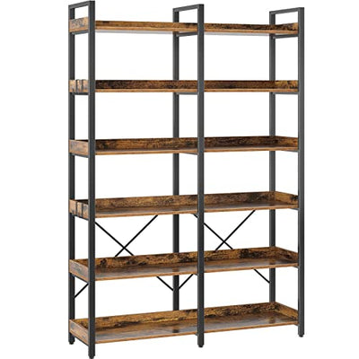 Seventable 6-Tier Rustic Brown Industrial Bookshelf with Hooks and Open Shelves