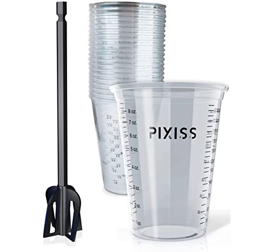 Resin Mixer Epoxy Mixer Paddles - 20 Graduated Mixing Cups & Reusable Pixiss Multipurpose Bidirectional Paint Stirrer for Drill Epoxy & Paint Mixer Pixiss