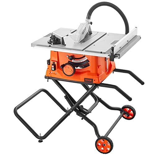 VEVOR Table Saw with Stand, 10-inch 15-Amp, 25-in Max Rip Capacity, Cutting Speed up to 5000RPM, 40T Blade, Portable Compact Jobsite Tablesaw with VEVOR