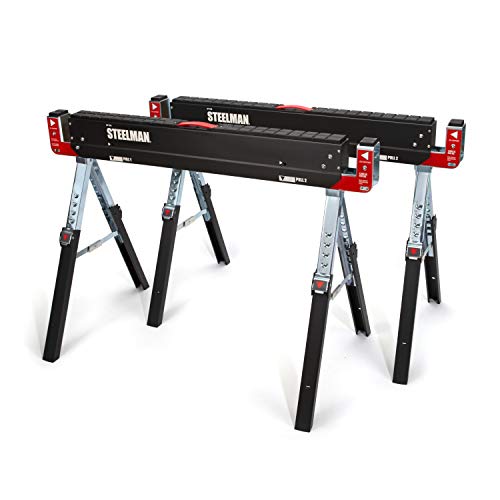 Steelman Adjustable Height Work Table Folding Sawhorses, Set of Two, Durable Steel Construction, Folding Legs, 2x4 Table Support Arms, 2,600 lb. Steelman