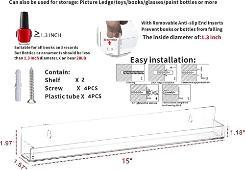 Cq acrylic Nail Polish Rack Wall Mount Shelf,2 Pack Acrylic Nail Polish Organizer Display 24 Bottles,15" Acrylic Floating Wall Ledge Shelf Kids Cq acrylic