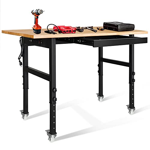 59" Bamboo Wood Garage Workbench w/Power Outlets & Drawer,Adjustable Height 25.4"-35.2",Multifunctional Workstation on Wheels 2000 Lbs Commercial RELIANCER