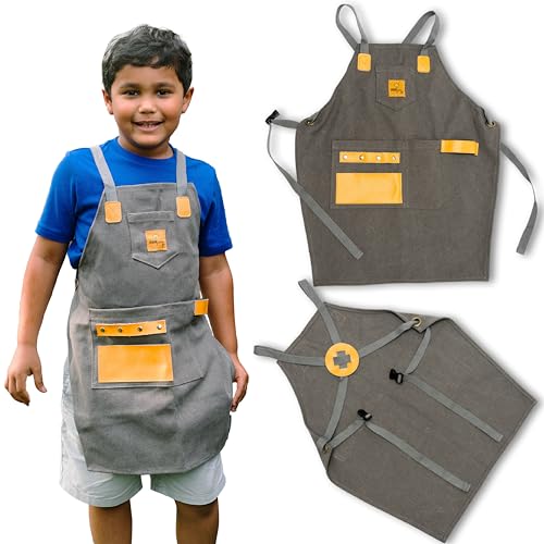 SparkJump Kids Woodworking Apron - Craftsman Quality - Durable Canvas with Leather Pockets for Tools, Painting, Growing, and Building- Fully Adjus