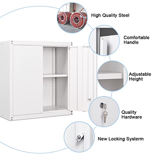 GREATMEET Metal Wall Storage Cabinet with Lock,White Wall Mount Metal Storage Cabinets with 1 Adjustable Shelf and 2 Doors, Steel Cabinet for Garage, GREATMEET