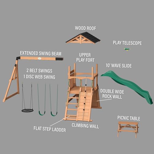 Backyard Discovery Endeavor II All Cedar Wood Swing Set Playset for Backyard with Wave Slide Climbing Wall with Rope Picnic Table Double Wide Rock Backyard Discovery