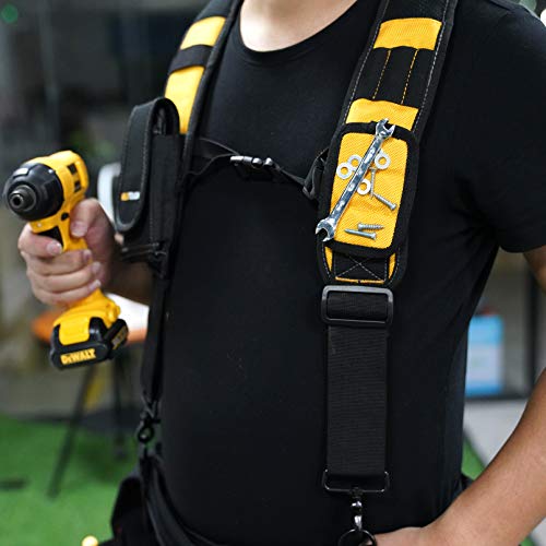 MELOTOUGH Magnetic Suspenders Tool Belt Suspenders with Large Moveable Phone Holder, Pencil Holder, Adjustable Size Padded Suspenders (Yellow) MELOTOUGH