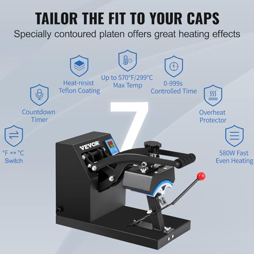 VEVOR Hat Press Machine 3.5X5.9 Inch Cap Press Heat Press Machine Professional Transfer Hat Press with 12000 Hours Life Digital LCD Timer and VEVOR