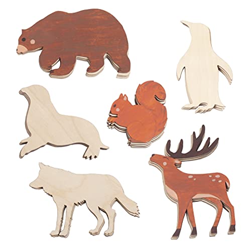 PLYDOLEX 24 Pack Wooden Animal Cutouts - 6 Wooden Animal Shapes for Crafts: Seal, Wolf, Deer, Bear, Penguin and Squirrel - Unfinished Animal Cutouts