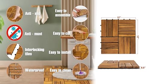 AN68 Pack of 10 Deck Tiles - 12"x12" Interlocking Natural Solid Acacia Wood for Outdoor & Indoor, Patio Garden, Balcony, Poolside - Natural Color AN68