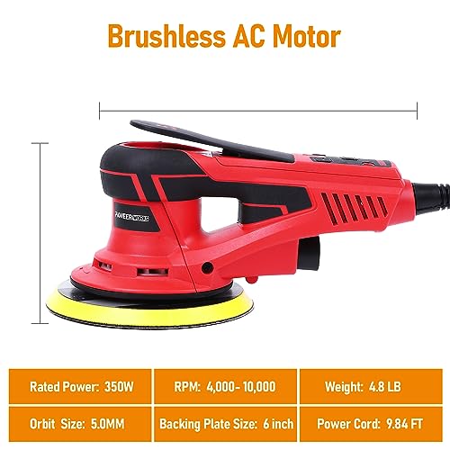 PioneerWorks Electric Random Orbital Sander, Brushless Motor Powerful 350W,10000 RPM,6-Inch For Professional-Grade Woodworking, Polishing,Carpentry PIONEERWORKS