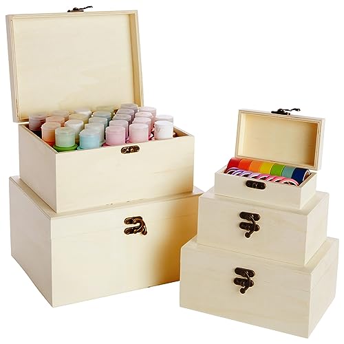 Juvale 5 Pack Unfinished Wooden Boxes with Hinged Lids Arts and Crafts, Wood Storage Boxes to Paint (Natural, 5 Assorted Sizes) Juvale