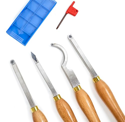 LLDSIMEX 4pcs Mini Carbide Tipped Wood Lathe Turning tools Combo set Rougher Detailer Finisher Hollower with Wood Handle and Diamond Round Square LLDSIMEX