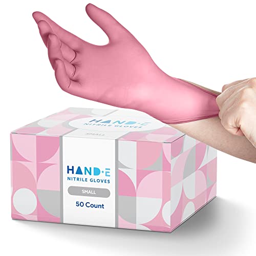 Hand-E Touch Pink Nitrile Disposable Gloves Small, 50 Count - Esthetician, Nail Tech, Microblading, Hair Dye & Stylist, Salon, Cleaning Gloves - Hand-E Touch