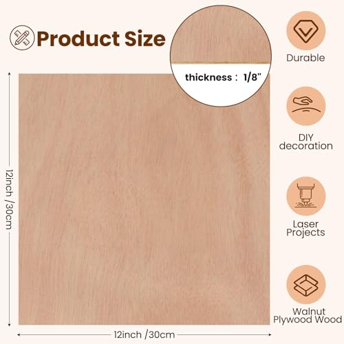 Barydat 12 Pcs 12" x 12" Walnut Cherry Wood Plywood 1/8" Plywood Sheets Walnut Plywood Wood Crafts Unfinished Thin Wood 3 mm Plywood for Laser Barydat