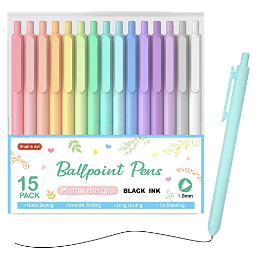 Shuttle Art Ballpoint Pens, 15 Pack Pastel Retractable Black Ink Ball Point Pens, Cute Pens 1.0mm Medium Point Quick Drying for Writing Journaling Shuttle Art