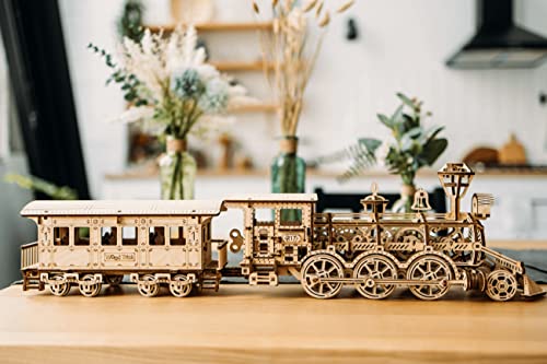 Wood Trick Wooden Toy Train Set with Railway - 34x7″ - Locomotive Train Toy Mechanical Model Kit - 3D Wooden Puzzles for Adults and Kids to Build - Wood Trick