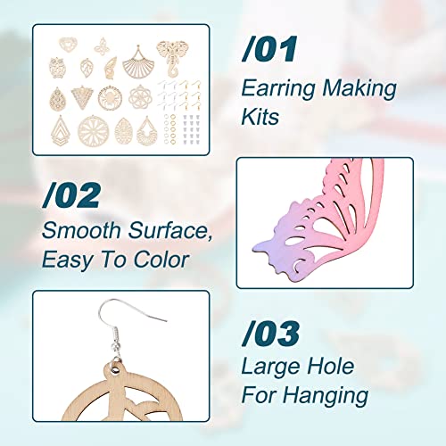 32pcs Wooden Earring Charms Unfinished Natural Wood Filigree Pendants in Butterfly Teardrop Flower Leaf Elephant Heart Shape with Ear Hooks & Ear EEE ELECRELIVE