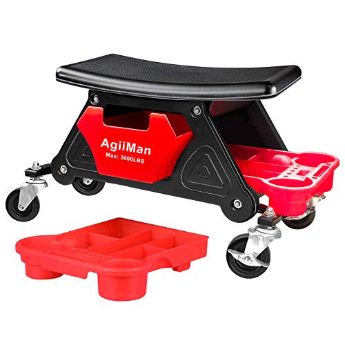 AgiiMan Mechanic Stool - Detailing Garage Rolling Stool with Wheels, Roller Creeper Seat Chair Repair Tools Tray, 2 Tool Storage Drawers Under Seat, AgiiMan