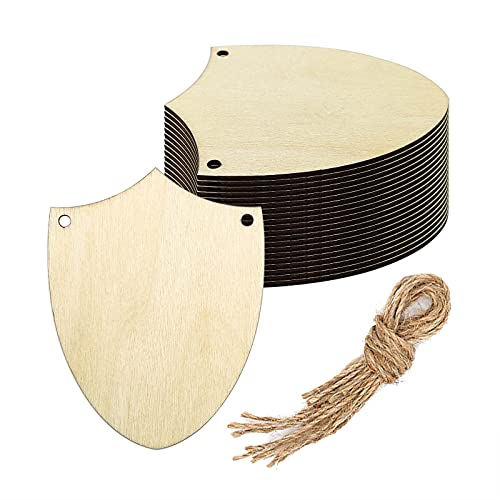Shield Wood Cutout DIY Crafts Wooden Shield Shaped Hanging Ornaments Unfinished Wood Sign Whit Twines for Wedding Birthday Christmas Party Decoration Creaides