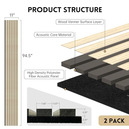 Ritollo Wood Panels for Wall and Ceiling, 94.5"ร11" Wall Panels for Interior Wall Decor, 3D Wood Slat Wall Panel/Fluted Sound Absorbing Panel - Oak 2 RITOLLO