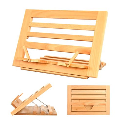 Premium Beechwood Wooden Table Easel and Cookbook Recipe Bookstand - Portable and Foldable Tabletop Art Easel with Flip-Up Page Holders, Adjustable