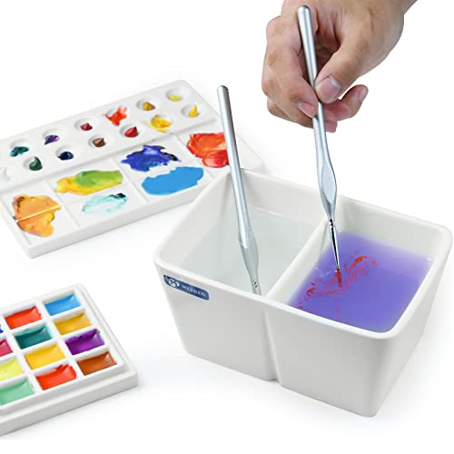 MEEDEN Ceramic Paint Palette, Paint Brush Wash Bowl, 2 Deep Well Artist Paint Palette, White Porcelain Watercolor Painting Dish, Large Capacity MEEDEN