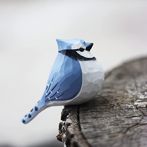 Hand Carved Wooden Bluejay Bird Figurine Wood Bird Statue Bird Scuplture for Shelf Decor WoodArtSupply
