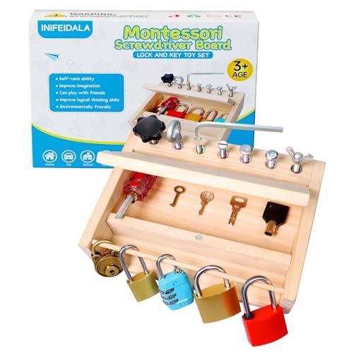Montessori Screwdriver Board-Lock and Key Toy Set,INIFEIDALA Wooden Montessori Toys for 3 4 5 Year Old Kids and Toddlers,Learning Sensory Bin Toys INIFEIDALA
