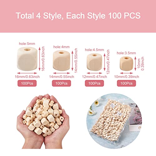 Craftdady 400pcs Natural Unfinished Cube Wood Beads Large Hole Blank Unpainted Square Wooden Loose Beads 10-16mm for Necklace Bracelet DIY Jewelry Craftdady