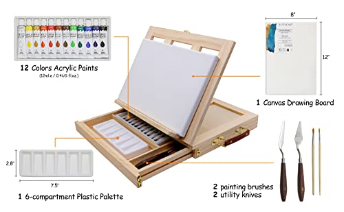 LUCYCAZ Tabletop Easel Set - Easel for Painting Canvases, Painting Easel Kits for Kids and Adults with Wood Canvas Stand, 12 Colors Acrylic Paints, 2 LUCYCAZ