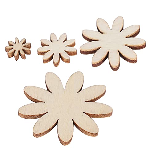 250Pcs Flower Shape Unfinished Wooden Flower Slices Wooden Flowers Wood Cutout with Mixed Sizes for Christmas Wedding Party DIY Crafts Decor Pssopp