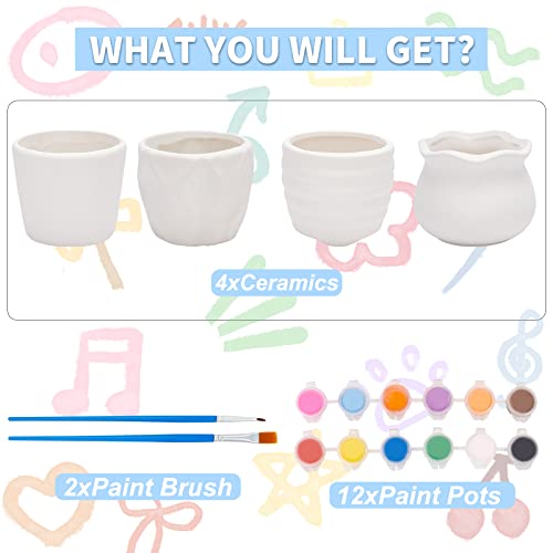 WEBEEDY 4 Sets Ceramic Paint Kit Ceramic Succulent Planters Pots to Paint Figurines Paint Craft Kit Paintable Ceramics Pottery Painting Kit for Kids WEBEEDY