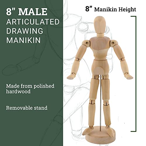 US Art Supply® Wood 8" Male - Artist Drawing Manikin Articulated Mannequin with Base and Flexible Body - Perfect for Drawing The Human Figure (8" US Art Supply