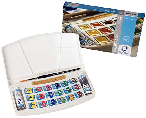 Van Gogh Watercolor Paint Set, Plastic Pocketbox, 18-Half Pan + 2x10ml Van Gogh