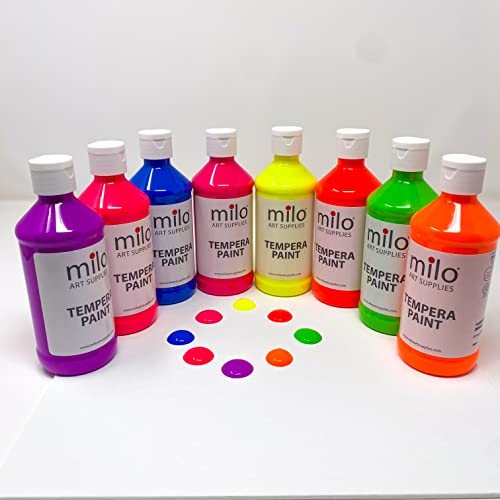milo Fluorescent Tempera Paint Set of 8 Colors | 8 oz Bottles | Made in the USA | Washable and Non-Toxic Neon Art & Craft Poster Primary Paints for milo