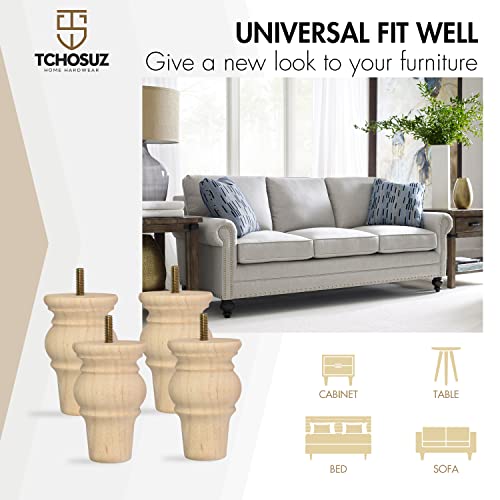 4 Inch Wooden Furniture Legs,Tchosuz Solid Unfinished Bun Feet with 5/16 inch Bolt,Modern Mid-Century Carved Sofa Couch Feet Furniture Replacement TCHOSUZ