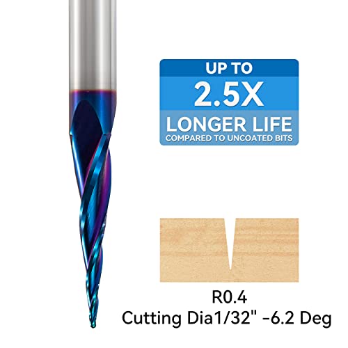 CNC Router Bits 1/4 inch Shank Spiral Tapered Ball Nose 2D & 3D Carving Bit 6.2 Deg Tapered Angle Ball Tip R0.4 1/4"Shank 3"OVL for Wood Carving YOKISHUN