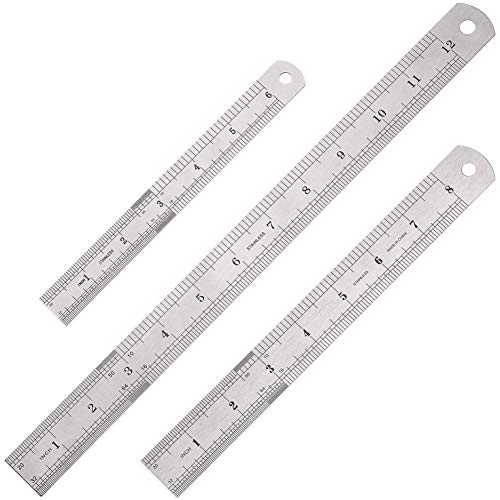 Elisel 3 PCS Stainless Steel Ruler Set with Inch and Metric Graduation, 12 Inch, 8 Inch and 6 Inch(Silvery) Elisel