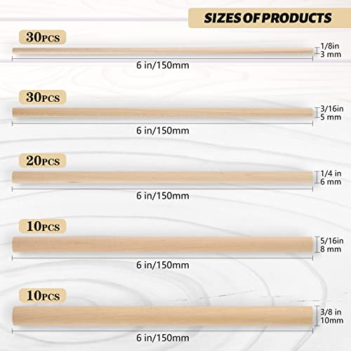 Moukiween Wooden Dowel Assorted Sizes Wooden Dowel Rods for Crafting 1/8, 3/16, 1/4, 5/16, 3/8 x 6 Inch Wood Dowels,Unfinished Natural Wooden Sticks Moukiween