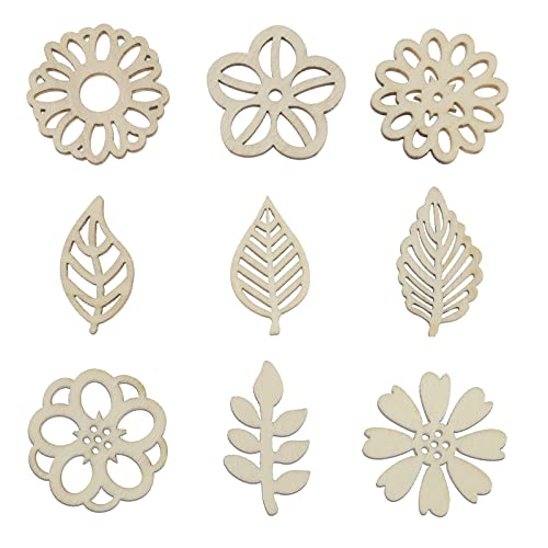 Micro Traders 100PCS Flower & Leaf Shapes Wooden Slices Wooden Embellishments Decorative Wood Chips Ornaments for DIY Scrapbooking Card Making Crafts Micro Traders
