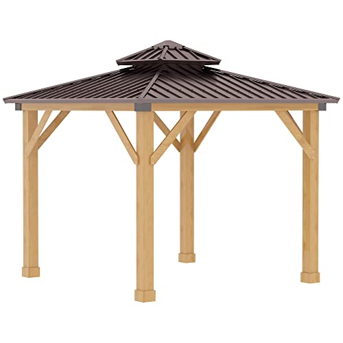 Outsunny 10' x 10' Hardtop Gazebo with Galvanized Steel Double Roof, Wooden Frame, Permanent Pavilion with Ceiling Light Hook, for Garden, Patio, Outsunny