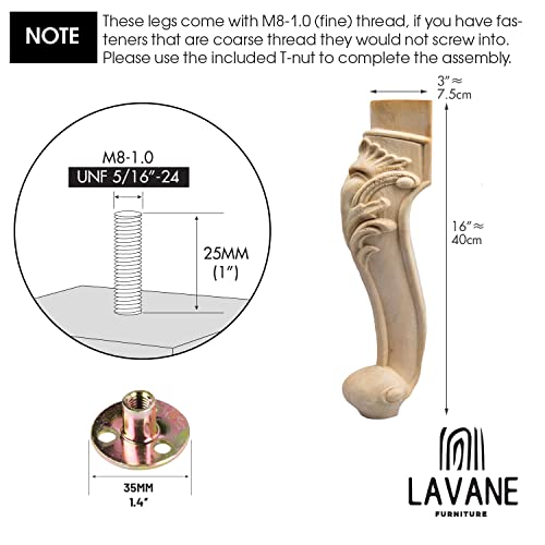 La Vane 16 inch / 40cm Wooden Furniture Legs, Set of 4 European Style Solid Wood Carving Furniture Replacement Feet Decoration for Sofa Cabinet La Vane