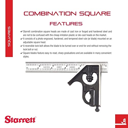Starrett Steel Combination Square with Square Head - 6" Blade Length, Forged and Hardened Steel Heads, Reversible Lock Bolt, Scriber, Spirit Level, Starrett