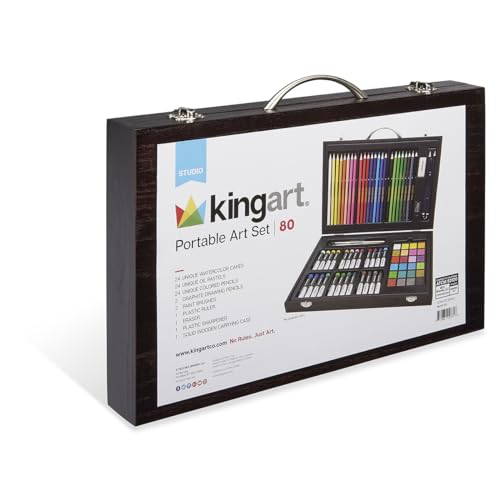 KINGART Mixed Media Art Set, Wood Case, Watercolor Cakes, Oil Pastels, Colored Pencils, Paint Brushes, Sanding Block, Eraser, Sharpener, Sketching, KINGART