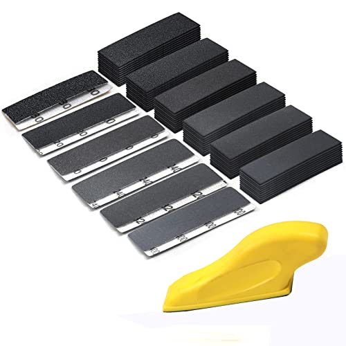 60 Sheets Micro Detail Sander Paper Kit,3.5”x 1”Hand Sanding Block for Small Projects Wet Dry Hook & Loop Silicon Carbide 80 to 400 Grit Sandpaper MAXMAN