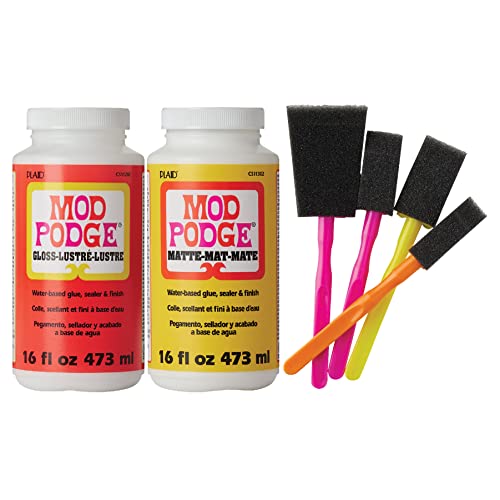 Mod Podge Complete Decoupage Kit-Two 16oz Bottles Waterbase Sealer/Glue (Matte Gloss Finish) with 4-pk Foam Brush Set, Clear Mod Podge
