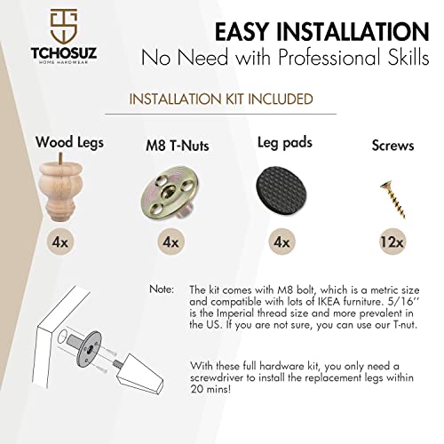 3 Inch Unfinished Wooded Furniture Legs,Tchosuz Solid Carved Bun Feet with 5/16 inch Bolt,Modern Mid-Century Sofa Couch Feet Furniture Replacement WoodArtSupply