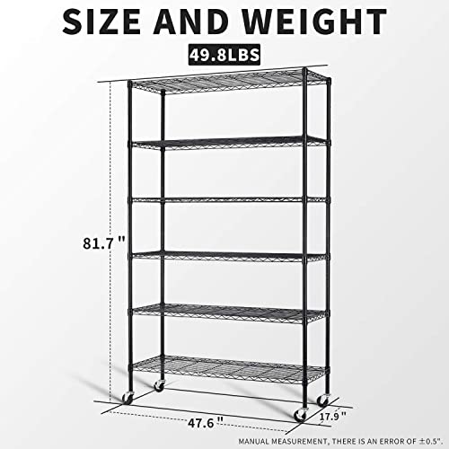 HCY 6-Tier Storage Shelf Heavy Duty Shelving Unit NSF Height Adjustable Metal Rack with Wheels for Laundry Bathroom Kitchen Garage Pantry HCY