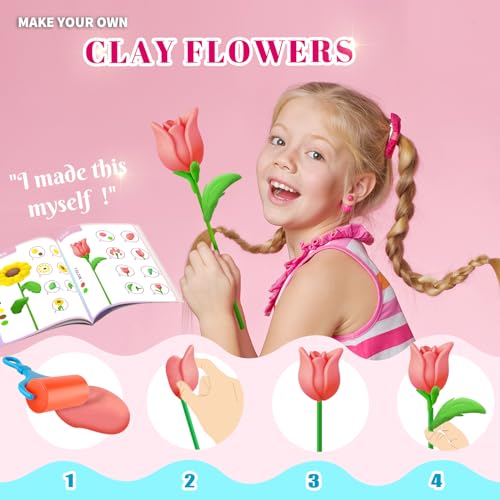 Titoclar Make Your Own Air Dry Clay Flower Bouquet - Arts and Crafts for Kids Girls 8-12 6-8, 4 5 6 7 8 9 10 11 12 Year Old Girl Gifts Toys, Titoclar